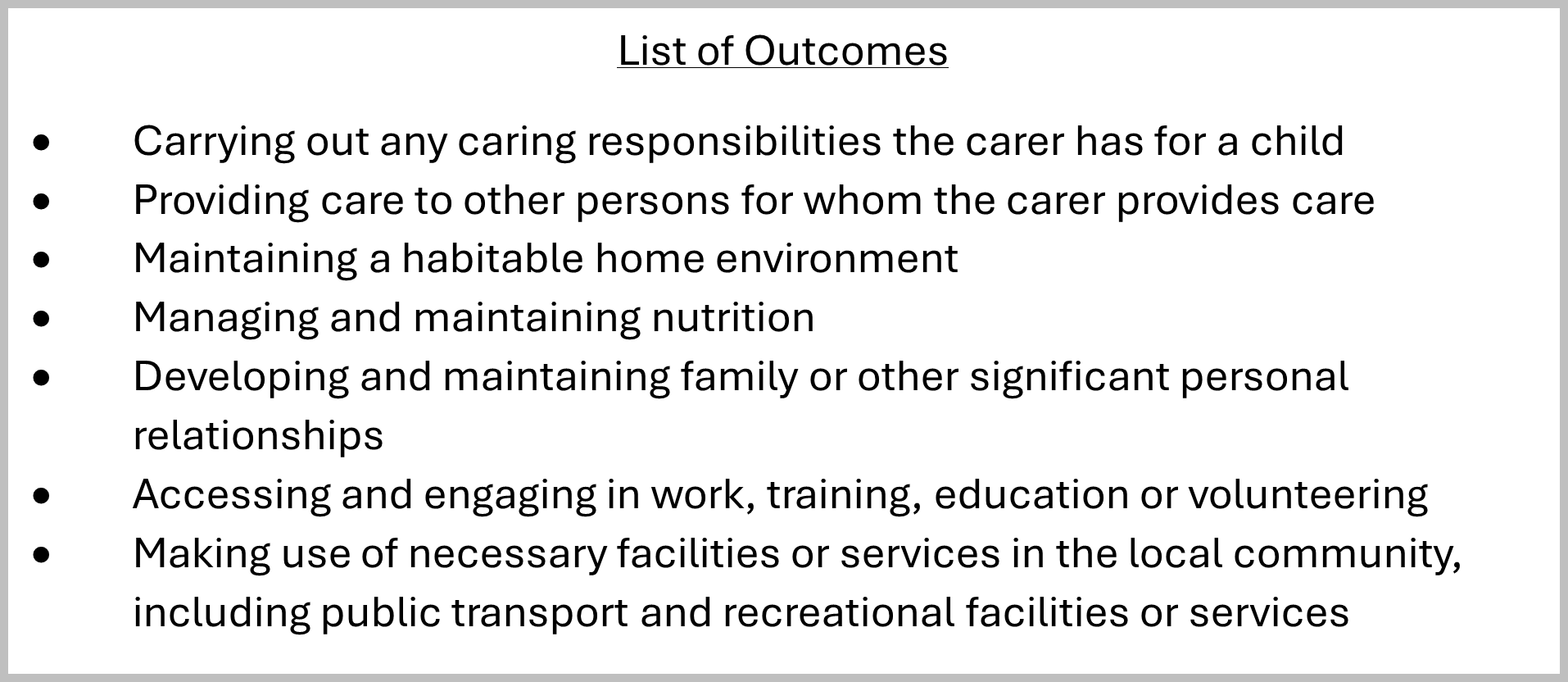 List of Outcomes